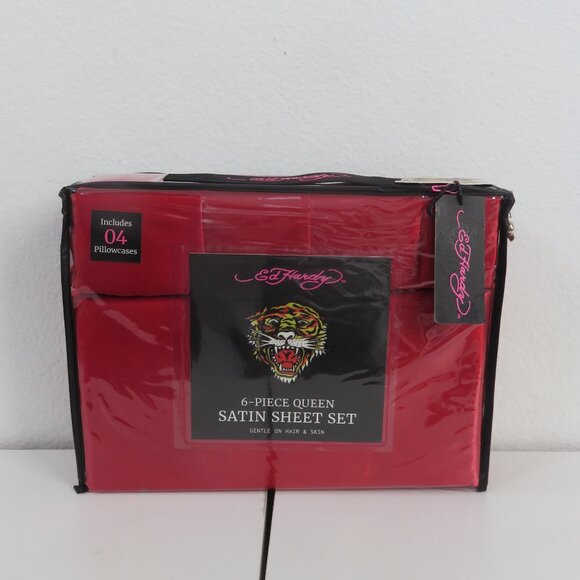 Ed Hardy 6-Piece Queen Satin Red Sheet Set - Picture 1 of 4